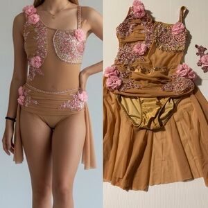 Tan custom solo Dance costume embellished illusion tan Leotard dress SA adult